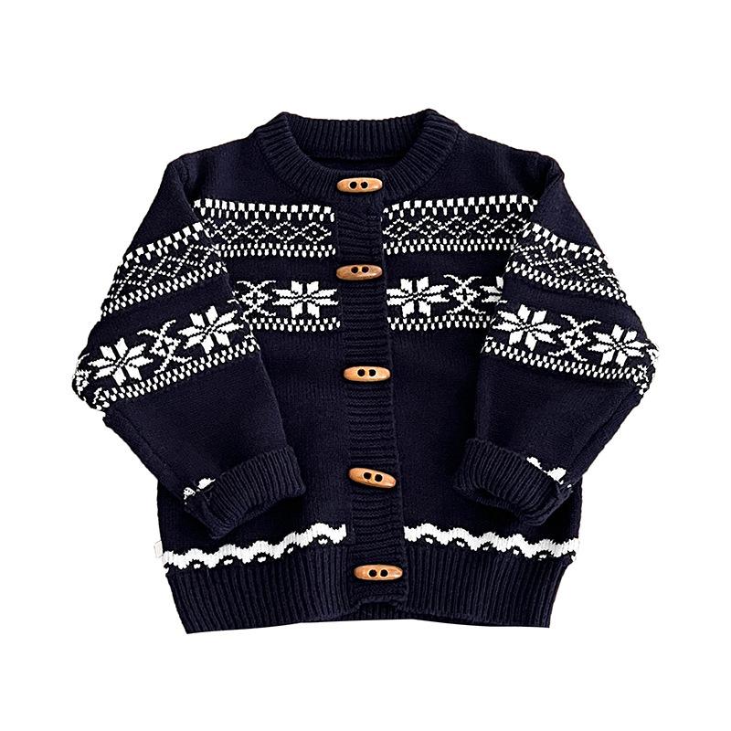 Early Spring Korean Jacquard Knitted Cardigan Baby Clothes Autumn Fashion Crew Neck Sweater Jacket