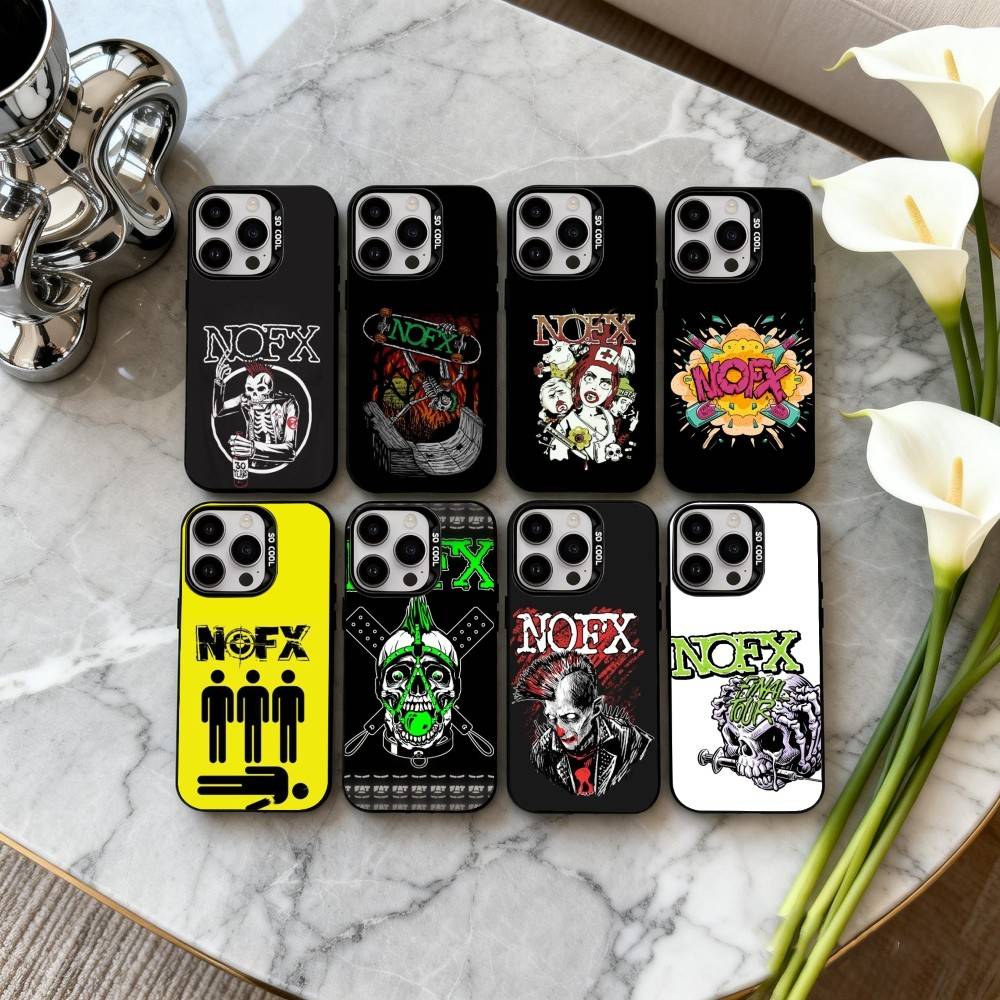 Панк Чехол для телефона с изображением группы N-Nofx-X Для iPhone17,16,15,14,13,12,11 Plus,Pro Max Черный Покрытие Серебряной Конфеткой