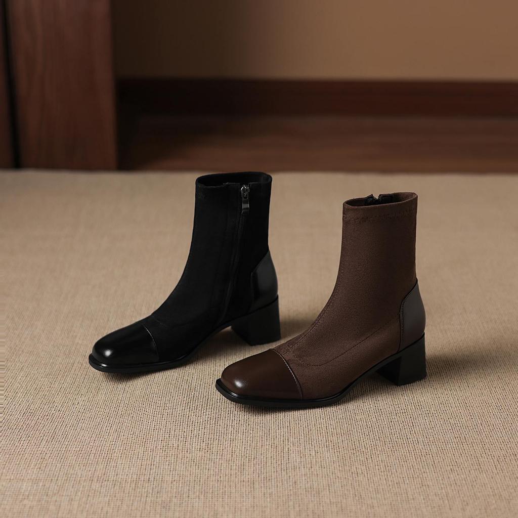 Krazing Pot Микрофибра Флок Квадратный Носок Средний Каблук Эластичные Сапоги Размер 43 Молния Женские Базовый Дизайн Ботильоны