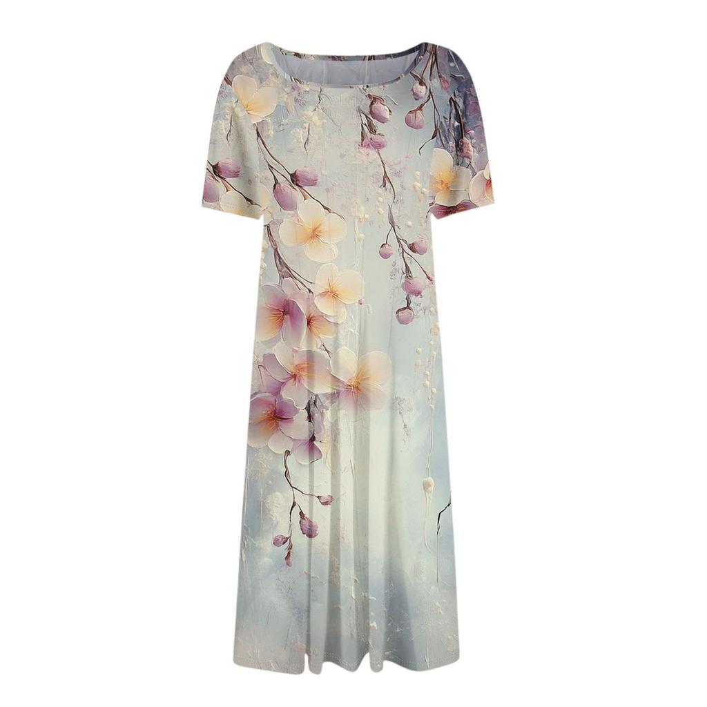 Women's Fashionable Print Round Neck Loose Short Sleeved Pocket Pullover Dress