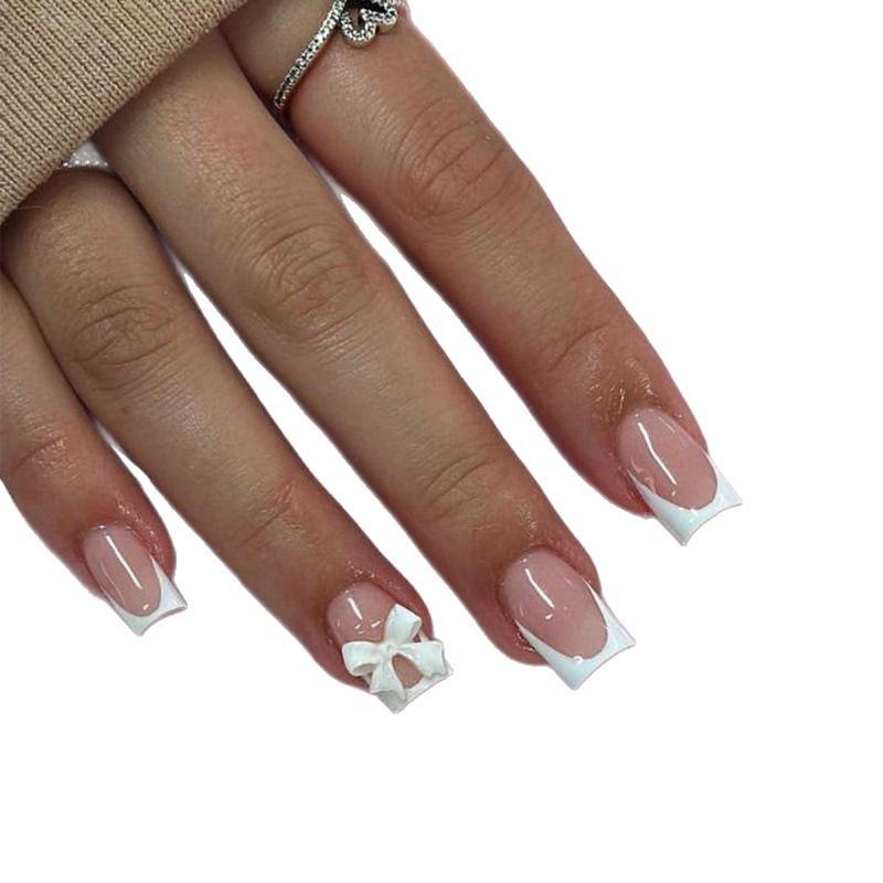 Nail art, sweet and simple white French bow, white temperament, medium and long wearing armor