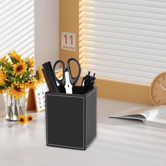 Pen Holder White Stitching Faux Leather Desk Organizer Waterproof Easy To Clean Square Pencil Holder