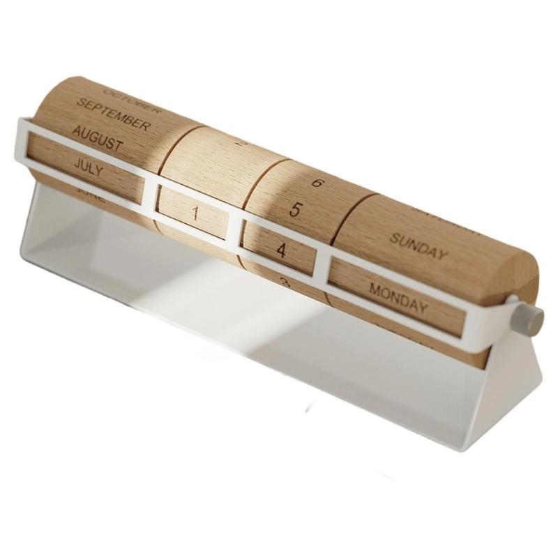 Contemporary Wooden Tabletop Rotating Permanent Calendar With Metal Base Month Week Day Date Display For Gift And Decors