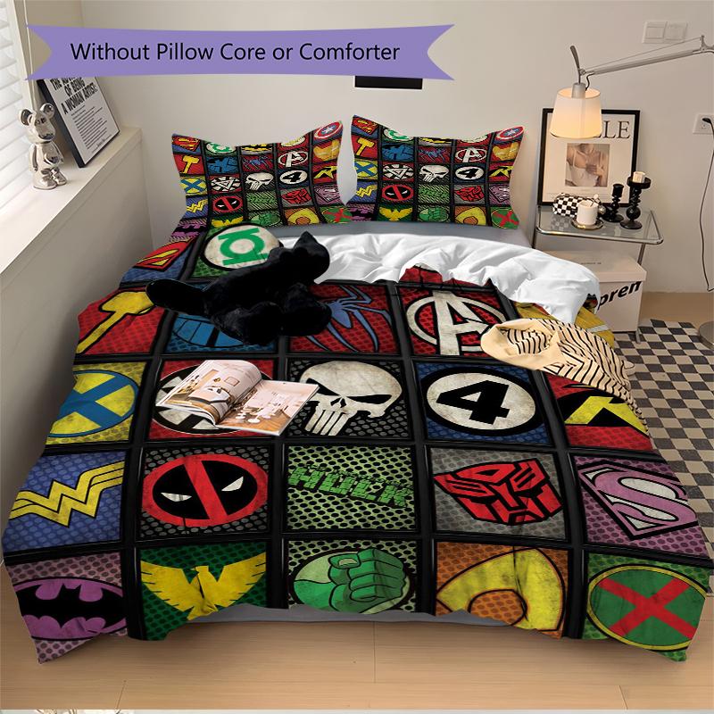 3Pcs Superhero Symbol Collage Bedding Set Quilt Cover Pillowcase Home Christmas Xmas Halloween Gift 1 Duvet Cover 2 Pillowcase M928669