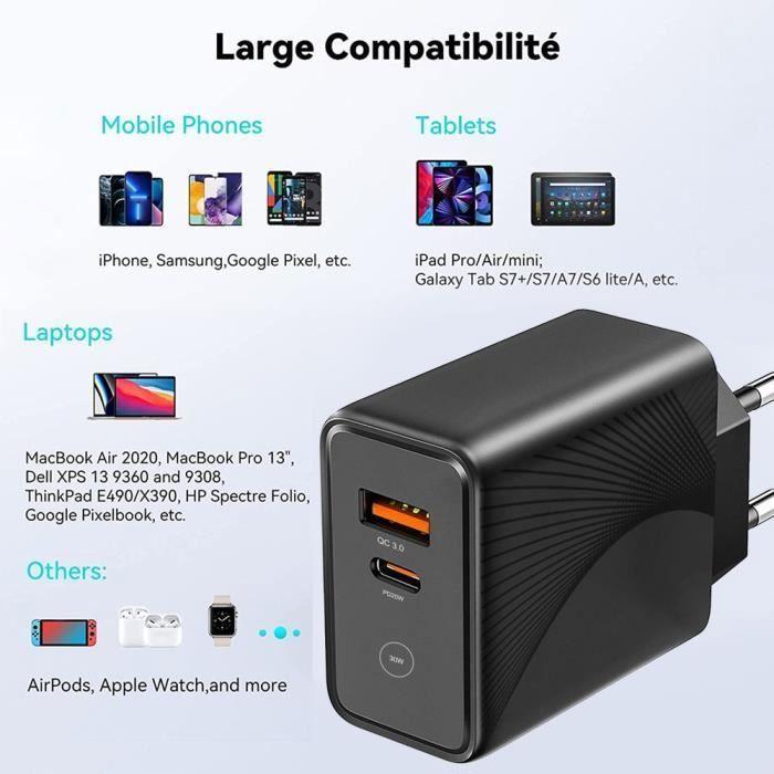 Chargeur Secteur Rapide 30W - E.F.CONNECTION - 2 Ports USB - Noir - Compatible iPhone 16 - Sécurisé