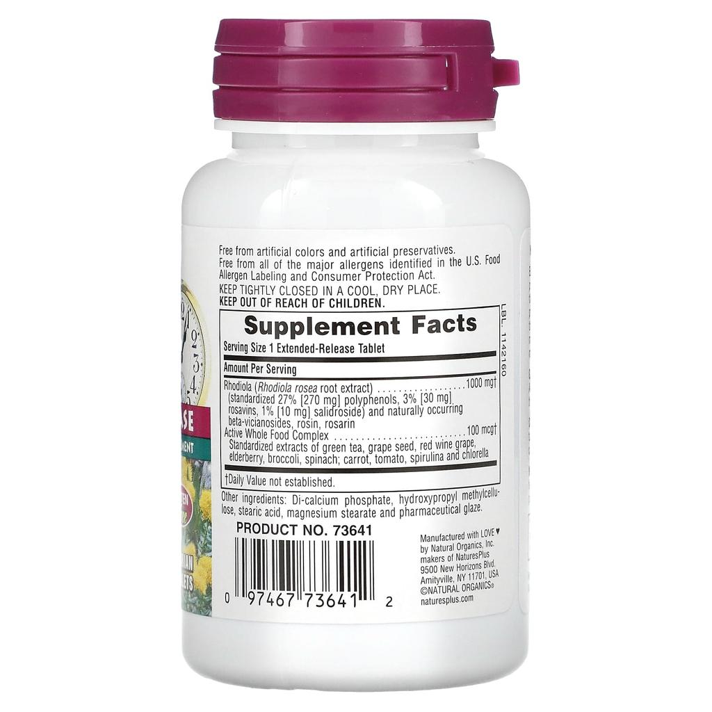 NaturesPlus Herbal Active, Rhodiola Rosea, Long-lasting Absorption Into the Body, 1000 Mg, 30 Vegetable Tablets
