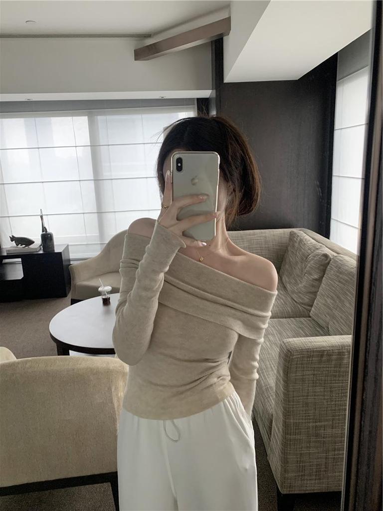 Women's Apricot One-Shoulder Knit Sweater: Soft, Long-Sleeve, Sexy Off-Shoulder Top for Autumn.