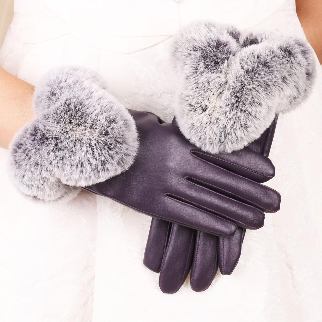 Warm Gloves for Women PU Leather Cold Proof Plus Velvet Thickened Rabbit Fur Mouth Outdoor Riding Cold Protection Autumn and Winter Gloves