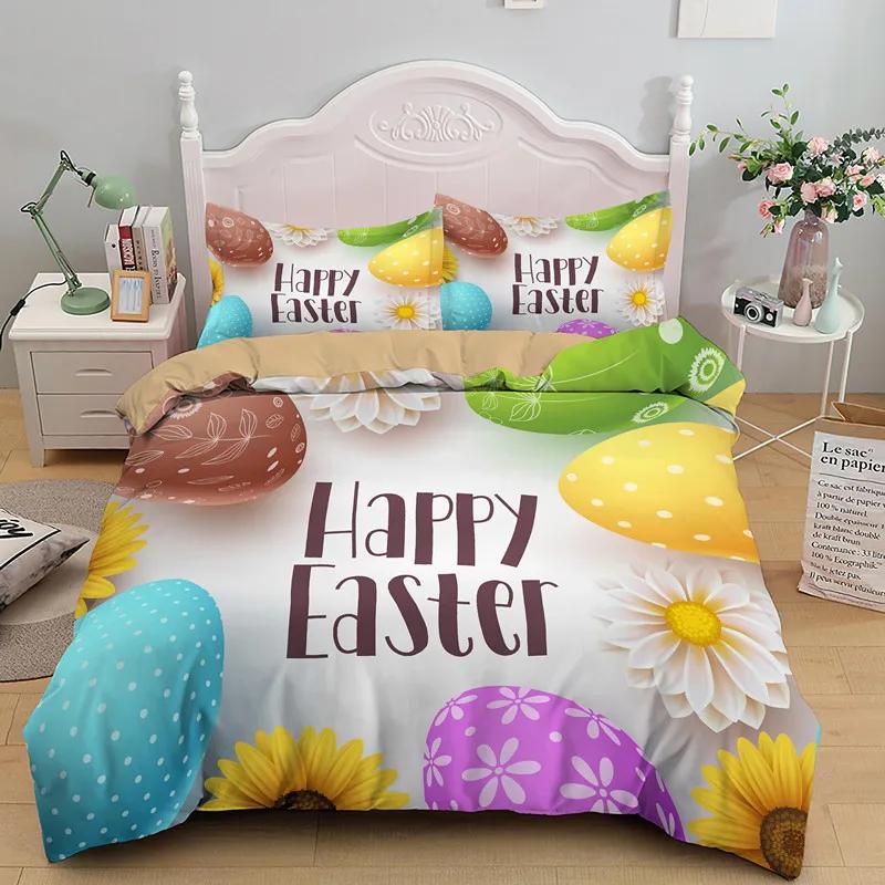 Happy Easter Egg Rabbit King Queen Duvet Cover Cartoon Lovely Bunny Bedding Set Pet Animal Comforter Cover Polyester Quilt Cover