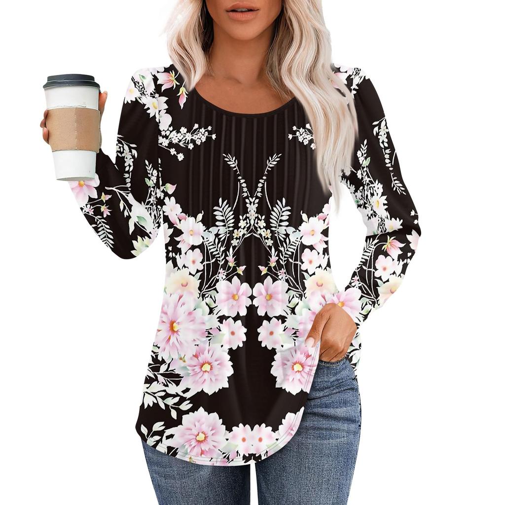 Рубашки с длинным рукавом для женщин, топы, нарядные повседневные блузки, плиссированные топы-туники с круглым вырезом