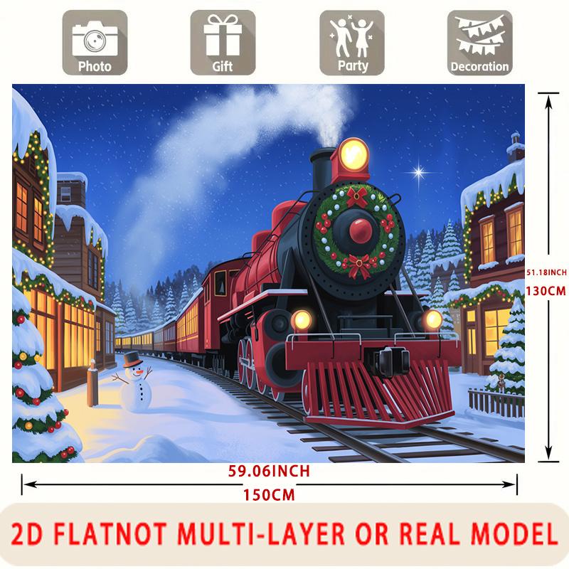 Party Backdrop Christmas Flat Train Snowy Night Scene Multi Layered Celebrations Photo Background Decor Front Door Decor