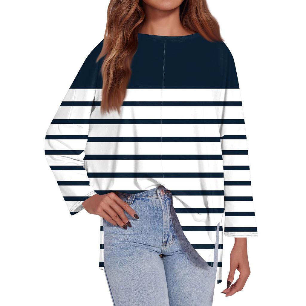 Женская модная свободная футболка большого размера с круглым вырезом и длинным рукавом, разрезом по бокам, в полоску, с принтом, повседневный топ