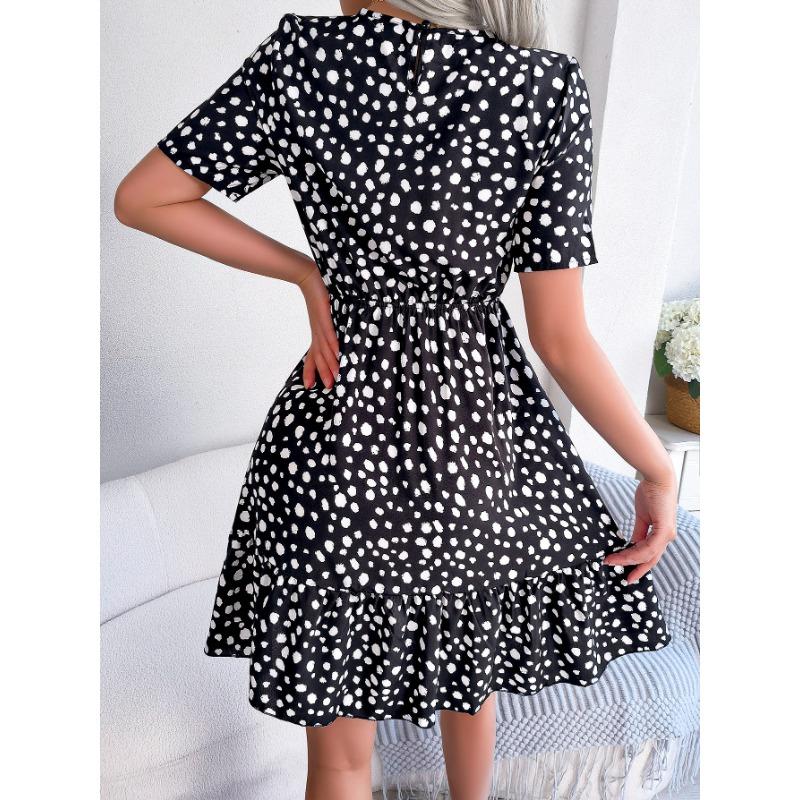 VEZFAA Women's Fashion Summer Spring Polka Dot Print Short Sleeve O-Neck High Waist Casual Dresses