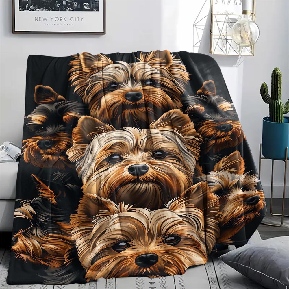 1 шт. Фланелевое одеяло с принтом йоркширских терьеров, Высококачественное, Удобное для всех сезонов, Декор для дома, Тепло и уют, Идеально для рождественских подарков