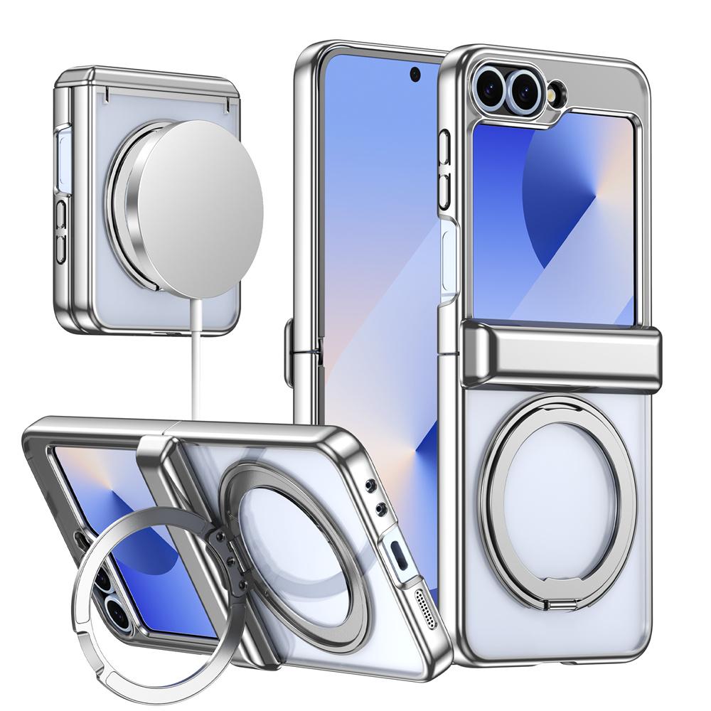 Luxury Metal Folding Rotation Stand Clear Phone Case For Samsung Z flip 6 ZFlip 5 flip6 Plated Frame Flip Hinge Protective Cover