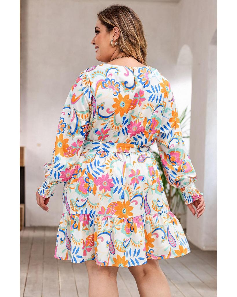 Azura Exchange Orange Paisley Floral Print Belted Plus Size Dress