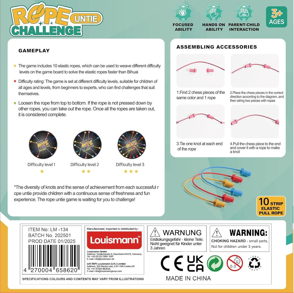 Louismann Brainy Knots Веревочная головоломка-челлендж с логической игрой-стратегией. Логические игры. Узел для детей. Обучающая игра для всей семьи.