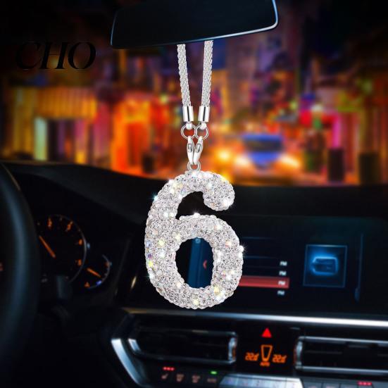 Personalized Car Accessory Bling Rear View Mirror Accessories Rhinestone Numbers Interior Decoration Hanging Ornament 0-10 Automotive Pendant