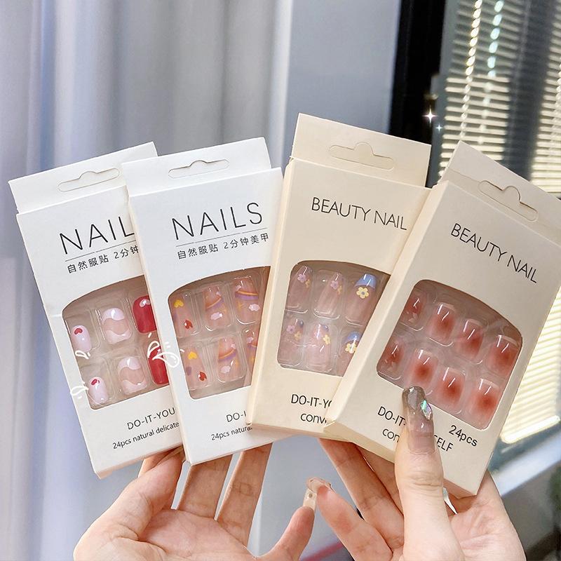 2025 Новейший набор из 24 шт./набор для нейл-арта, французский набор накладных ногтей с клеем, АБС-пластик - Простые короткие наклейки для ногтей