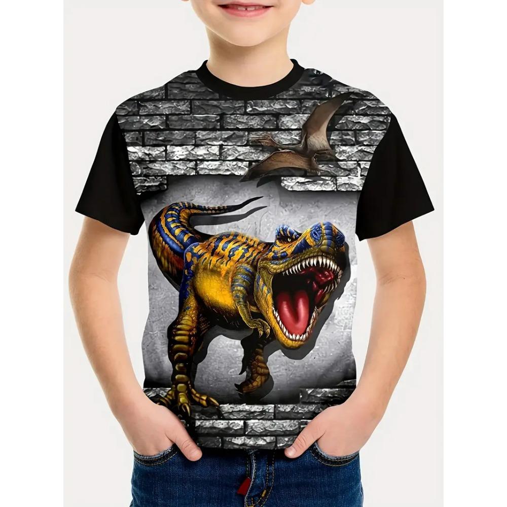 Летний топ с круглым вырезом и 3D-принтом динозавра, модная повседневная детская футболка с коротким рукавом для мальчика