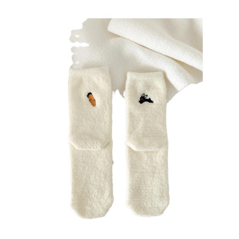 Cute AB Asymmetrical Embroidered Cartoon Women's Socks for Autumn and Winter, Australian Fleece Sleep Thickened Floor Socks