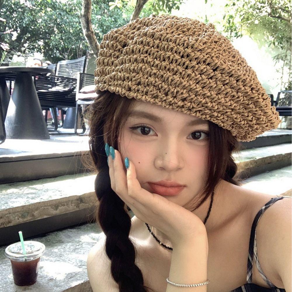 Summer Weave Cap Handmade Painter Hat Fashion Straw Beret Women