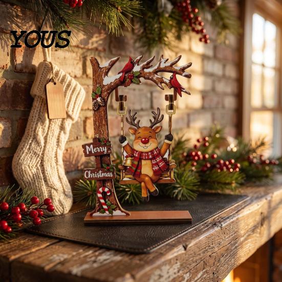 Winter Holiday Home Decor Christmas Wooden Ornaments, Santa Snowman Figurine with Moving Bookshelf Decorations Swing, Rustic Tabletop Centerpiece for