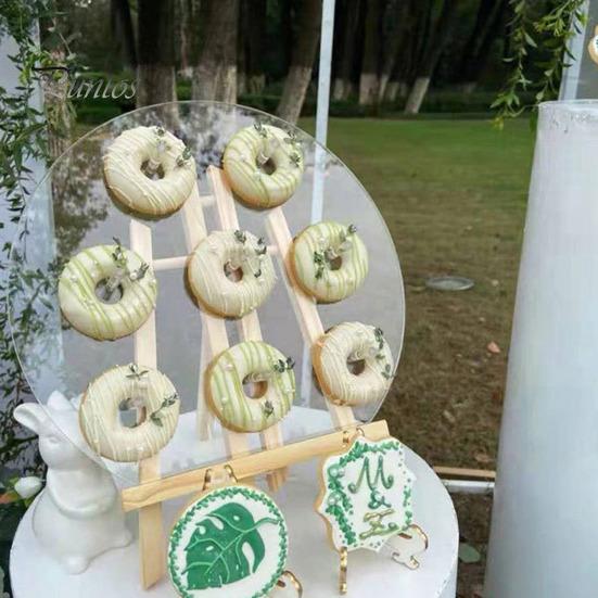 Прозрачный акриловый держатель для пончиков, 6/8/9 колонн, круглая основа из цельного дерева, многоразовая подставка для свадьбы, дня рождения, десертного стола, подставка для бубликов с пончиками