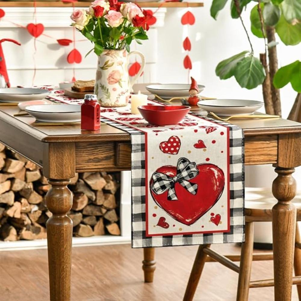 Red Heart Buffalo Plaid Valentine's Day Placemats Table Runner Seasonal Bow Tie Table Mats for Party Kitchen Dining Decoration
