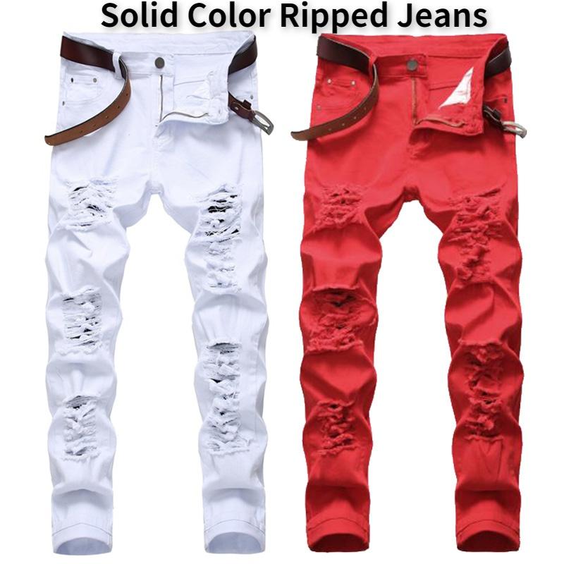 Мужские повседневные эластичные брюки с большими дырками, узкие джинсы, мужские белые, красные, черные брюки с несколькими отверстиями