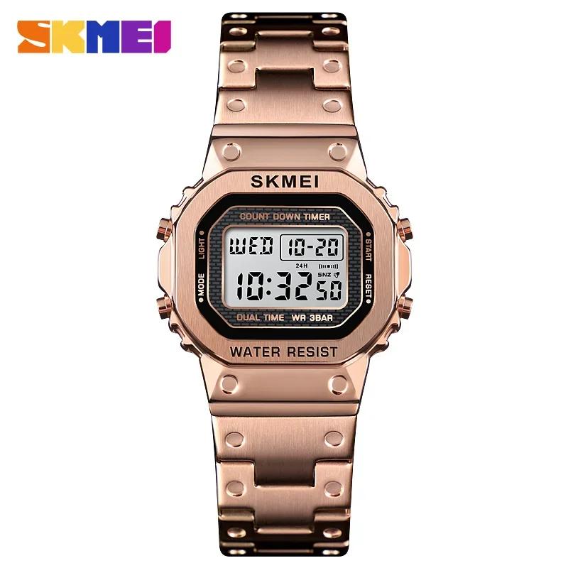 Skmei Women 30M Waterproof Multi-Function Watch Stainless Steel Strap Reloj Digital Mujer ClocK Retro Fashion Digital Watch 1433