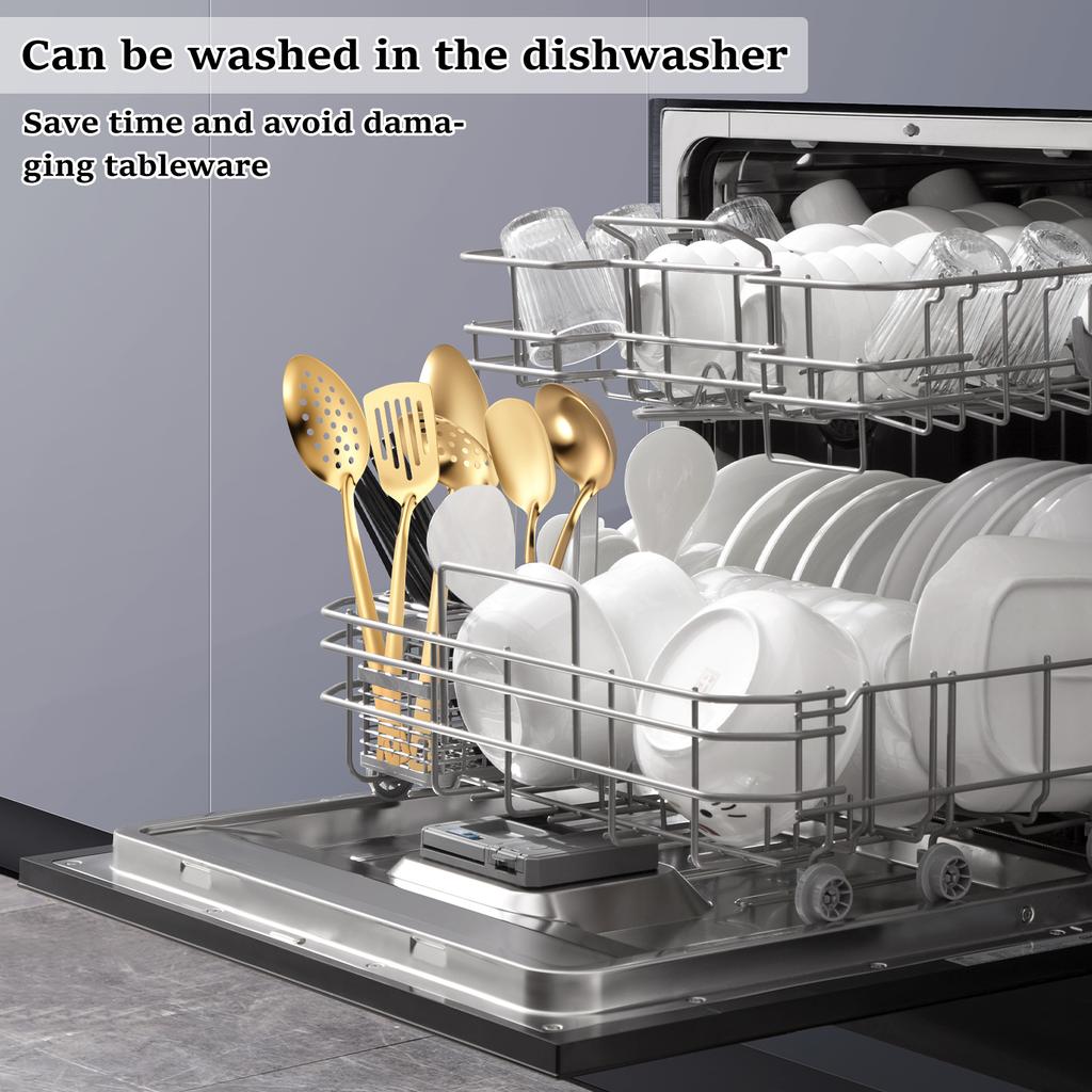 Набор кухонной утвари из 6 предметов, набор ложек и лопаток из нержавеющей стали, набор кухонных принадлежностей с отверстием для подвешивания для посуды с антипригарным покрытием