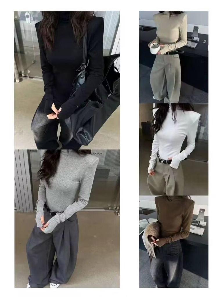 Женская белая бархатная футболка с длинным рукавом и высоким воротником, с подплечниками - Облегающий крой для осени/зимы 2025