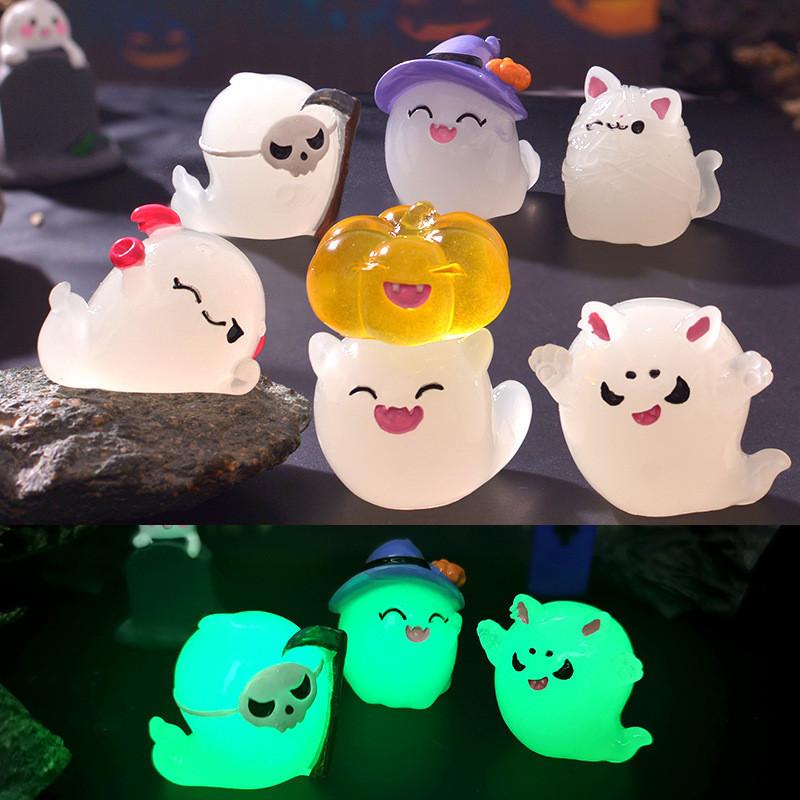 7Pcs/set Cartoon Halloween Ornaments Luminous Ghost Animal Minaitures Micro Landscape Diy Resin Crafts