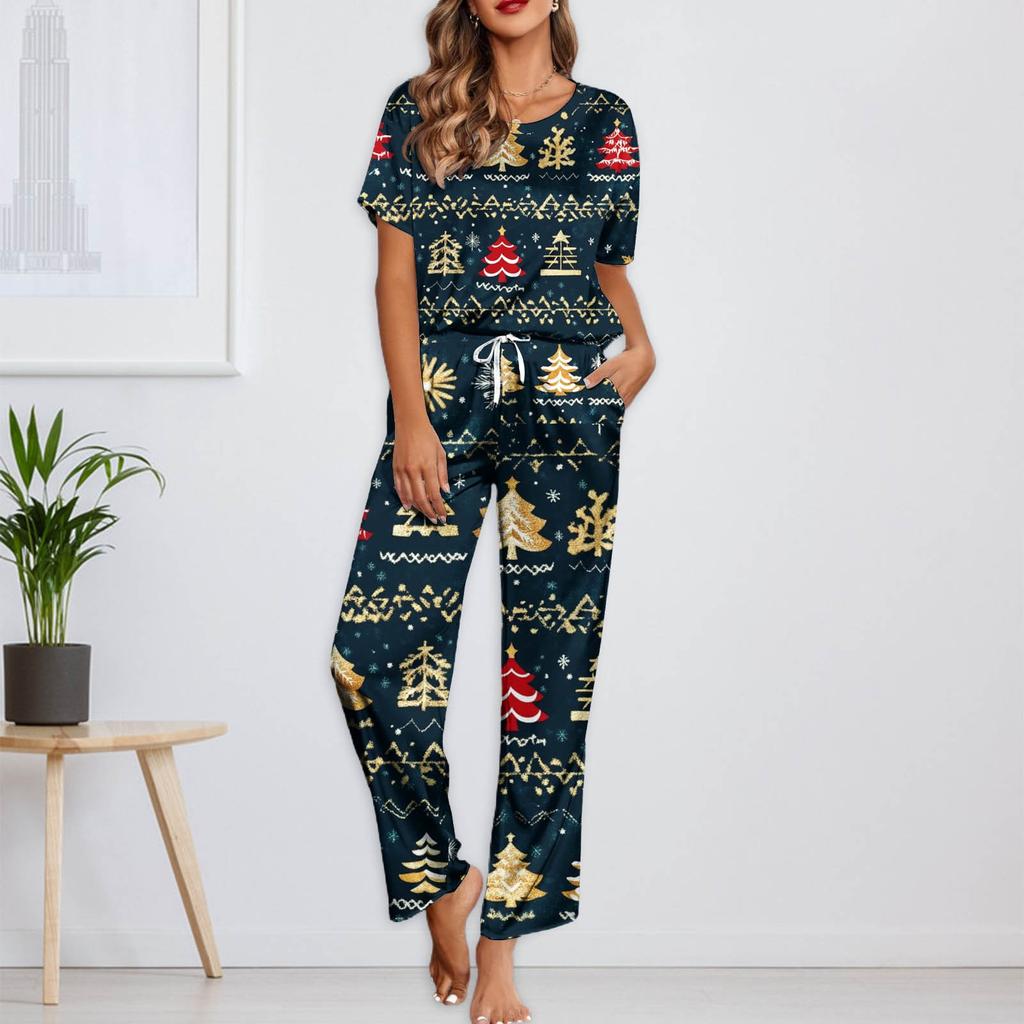 Женский шелковый атласный пижамный комплект с рождественским принтом, рубашка с коротким рукавом и длинные пижамные штаны, мягкая домашняя одежда