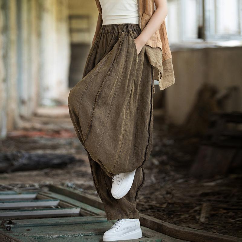 Women Vintage Ramie Pants Solid Color Loose Ramie Trouser Spring Elastic Waist Pockets Women Long Pants