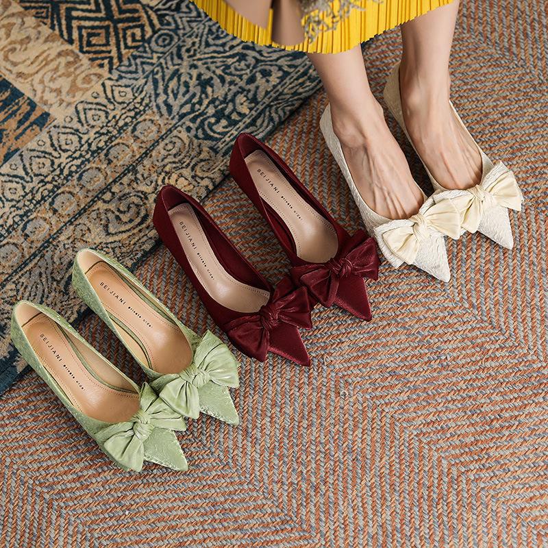Women's Sheepskin Satin Bow Pointed Stiletto Heels - French Retro, Autumn 2023