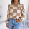 GMXIA Women's Fashion Casual Plaid Print Autumn Winter Long Sleeve Round Neck Loose Street-style Color Pullover Sweater