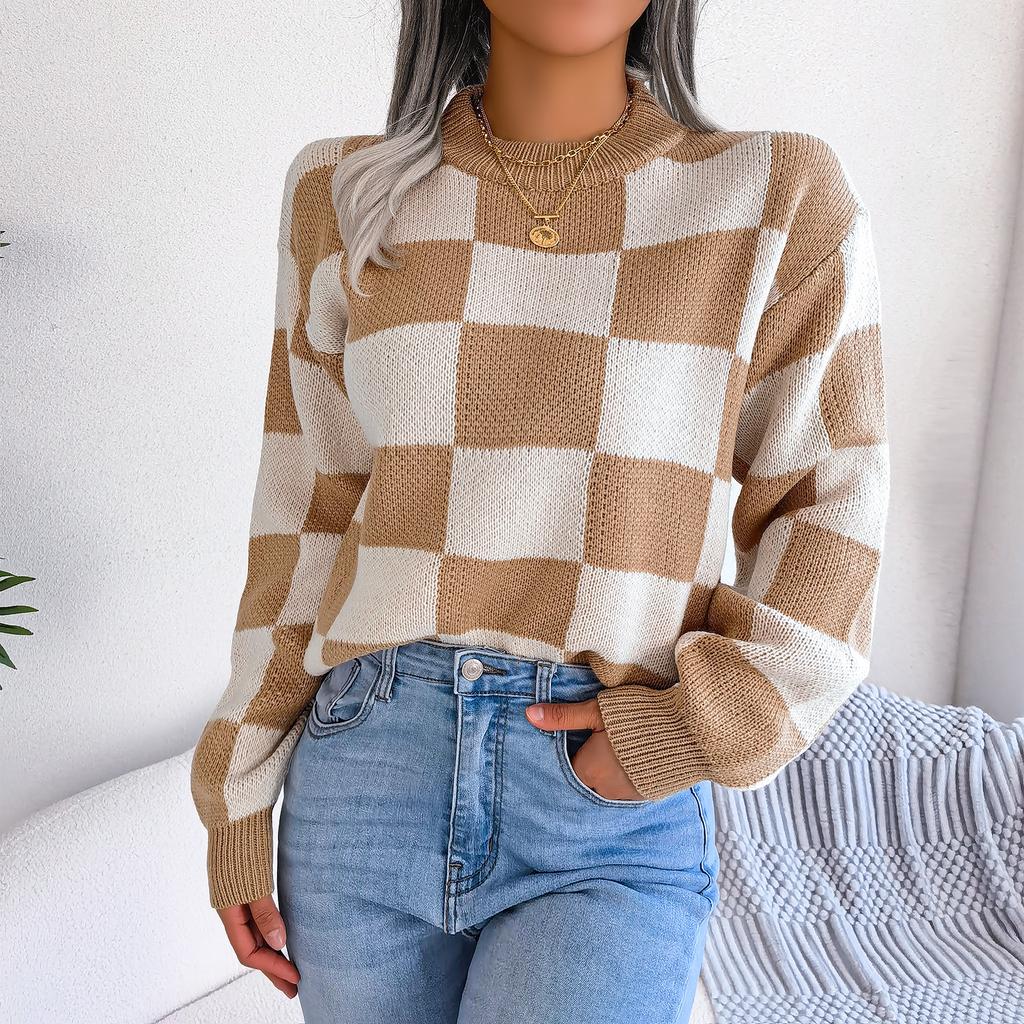 GMXIA Women's Fashion Casual Plaid Print Autumn Winter Long Sleeve Round Neck Loose Street-style Color Pullover Sweater
