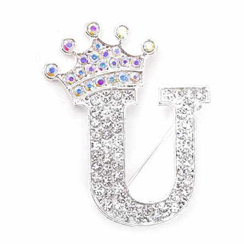 Fashion Crown 26 Initial Letters A To Z Crystal Rhinestone Brooch Pins Women