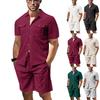 Summer Casual Men Waffle Solid Color Double Pocket Cardigan Short-sleeved Daily Shirt Shorts Set