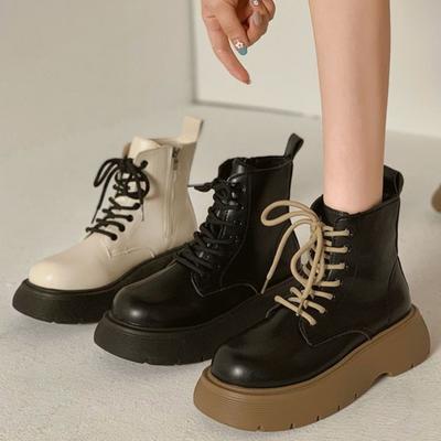 Мода 2024 Зимняя мода женские ботинки на шнуровке с круглым носком бежевые ботинки из искусственной кожи на среднем каблуке с квадратным каблуком женские