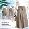 Women Casual Pants Elastic High Waist Adjustable Lace-up Wide Leg Cropped Pants Solid Color Loose Fit Lounge Culottes