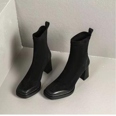 Модные женские короткие сапоги для офиса, осенне-зимние туфли на толстом высоком каблуке, женские эластичные рабочие короткие сапоги, размер 34-39