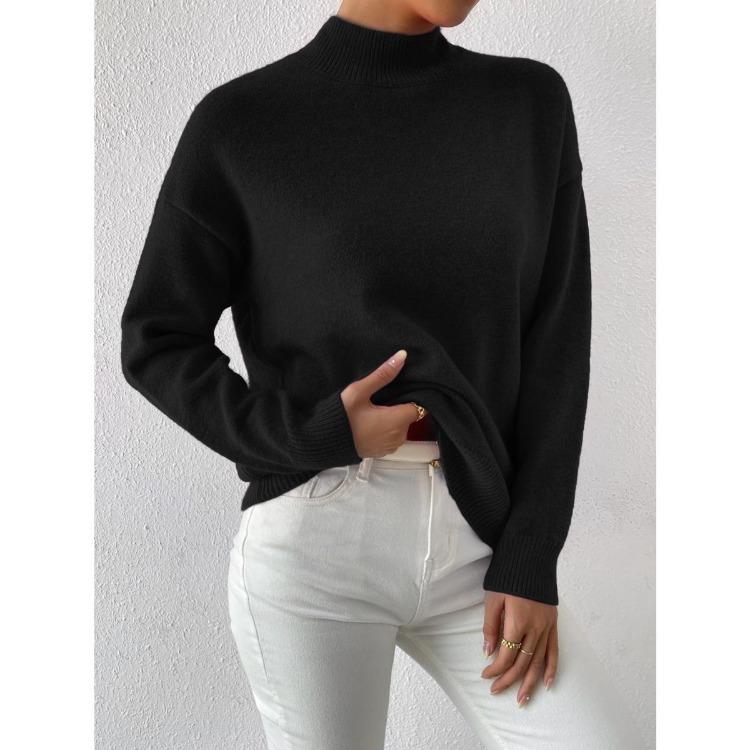 Solid Color Loose Knit Top Semi High Neck Pullover Long Sleeved Sweater Women Autumn and Winter