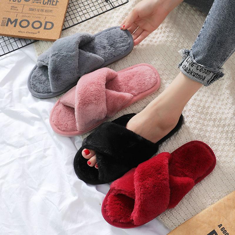 Cross-shaped Plush Slippers, New Indoor Warm Cotton Slippers for Autumn and Winter, Thickened Toe Exposed Plush Slippers