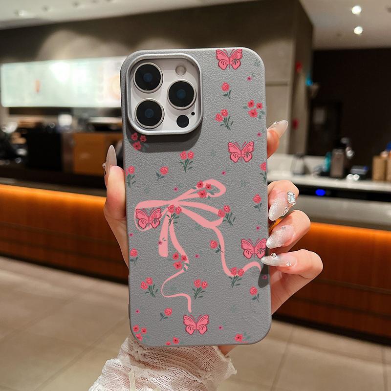 For iPhone 16 15 Pro Max 14 Pro 13 12 11 Case Bowknot Floral Print Slim TPU Leather Texture Soft Matte Shockproof Phone Cover