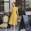 Summer Woman's Skirt Solid Color Sweet Waist-skimming Thin Temperament Elegance Square Neck Dress