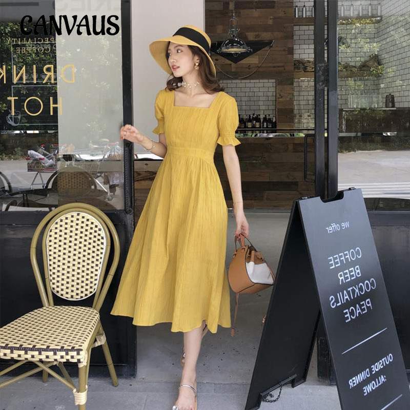 Summer Woman's Skirt Solid Color Sweet Waist-skimming Thin Temperament Elegance Square Neck Dress