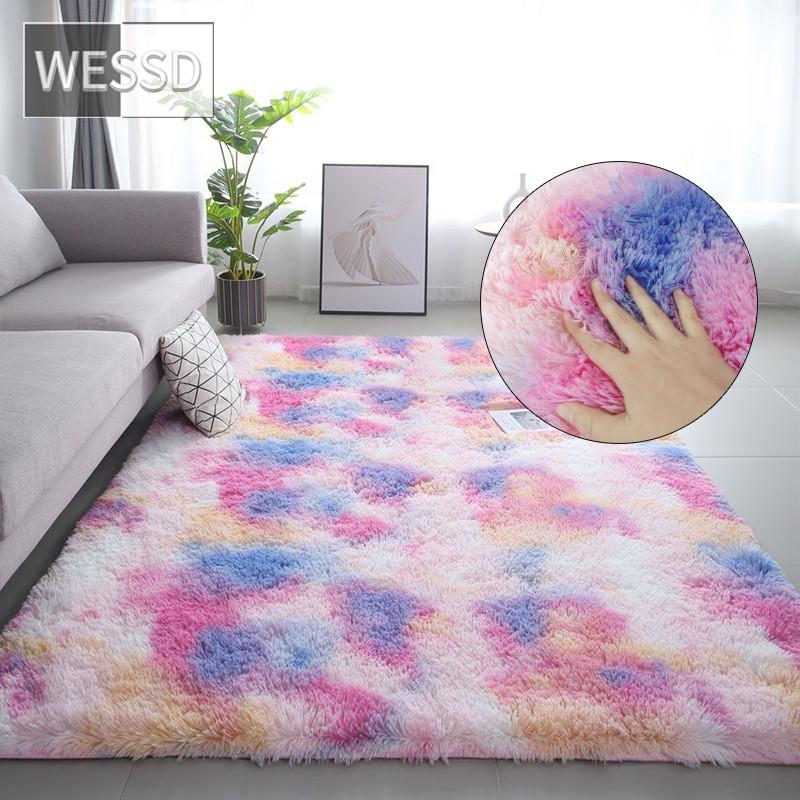 Радужный пушистый ковер для комнаты девочки, милый кавайный декор, красочный плюшевый ковер для гостиной, градиентный напольный коврик для спальни